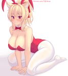  animal_ears blonde_hair blush bow bowtie breasts cat_ears collarbone highres large_breasts looking_at_viewer nottytiffy original patreon_username playboy_bunny ponytail red_eyes simple_background sitting tiffy_(nottytiffy) wariza white_background 