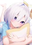  1girl amane_kanata angel angel_wings barefoot blue_hair blue_shirt blush colored_inner_hair fragir grey_hair halo highres hololive hugging_object looking_at_viewer multicolored_hair pillow pillow_hug purple_eyes shirt short_hair solo star-shaped_pillow star_halo virtual_youtuber wings 