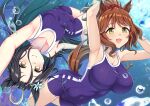  2girls ahoge alternate_hairstyle animal_ears armpits arms_up aston_machan_(umamusume) black_hair blue_one-piece_swimsuit breasts brown_hair commentary_request competition_school_swimsuit competition_swimsuit ear_ornament food green_eyes hair_between_eyes highres horse_ears horse_girl horse_tail large_breasts long_hair manhattan_cafe_(umamusume) medium_breasts multicolored_hair multiple_girls one-piece_swimsuit open_mouth ponytail school_swimsuit smile streaked_hair submerged swimsuit tail tracen_swimsuit umamusume very_long_hair wafer white_hair yellow_eyes zenrakishi 