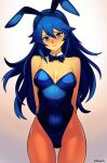  1girl animal_ears arms_behind_back artist_name bare_shoulders blue_bow blue_eyes blue_hair blue_leotard blush bow bow_choker brand_of_the_exalt breasts cleavage closed_mouth cowboy_shot fake_animal_ears fire_emblem fire_emblem_awakening hair_between_eyes highres leotard long_hair looking_at_viewer lucina_(fire_emblem) pantyhose playboy_bunny rabbit_ears smgold smile solo strapless strapless_leotard symbol_in_eye 