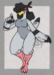 2023 4_toes 5_fingers :3 anthro antlers avian_feet beak black_antlers black_claws black_hair black_markings black_nose border breasts claws clothing colored curled_hair dipstick_fingers dipstick_tail eyebrows feathers featureless_breasts featureless_crotch feet female fingers floppy_ears generation_5_pokemon grey_background grey_body grey_border hair hi_res holding_clothing holding_object holding_shirt holding_topwear horn long_hair looking_at_viewer markings nerdyreindeer nintendo nude pink_feet pokemon pokemon_(species) shirt shirt_grab signature simple_background smile solo tail tail_feathers tail_markings talons toe_claws toes topwear tranquill watermark white_background yellow_beak yellow_eyes