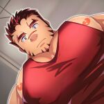  1boy absurdres akashi_(live_a_hero) bara blank_stare facial_hair foreshortening from_below goatee highres large_pectorals live_a_hero looking_at_viewer looking_down male_focus meme muscular muscular_male nipple_slip nipples pectoral_cleavage pectoral_focus pectorals photo-referenced ramusyutarou red_eyes red_hair red_tank_top scar scar_on_face scar_on_nose short_hair sidepec solo tank_top thick_eyebrows upper_body yur_oc_like_this_(meme) 