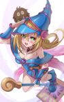  1girl absurdres bare_shoulders blonde_hair blue_dress blue_footwear blurry blurry_background blush_stickers breasts brown_fur capelet cleavage dark_magician_girl dress duel_monster green_eyes hat highres holding holding_staff kuriboh large_breasts long_hair looking_at_viewer pink_capelet senada37 staff white_background witch witch_hat yu-gi-oh! 