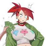  1girl banknote black_choker black_eyes breasts choker crop_top cropped_shirt ear_piercing foster&#039;s_home_for_imaginary_friends frankie_foster green_jacket hair_ornament hand_on_own_hip highres jacket large_breasts midriff money navel nia_(nia4294) piercing ponytail red_hair shirt sleeves_past_wrists solo standing white_background white_shirt wide-eyed 