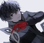  1boy amamiya_ren black_coat black_eyes black_hair coat crossed_bangs gloves grey_background grin hair_between_eyes highres holding holding_mask long_sleeves looking_at_viewer male_focus mask persona persona_5 red_gloves shad0wrb simple_background smile solo upper_body white_mask 