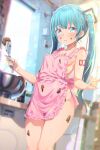  absurdres apron aqua_eyes aqua_hair aqua_nails arm_tattoo artist_name asami-chan blurry blurry_background blush breasts chocolate chocolate_on_body chocolate_on_clothes chocolate_on_face chocolate_on_legs chocolate_syrup closed_mouth deviantart_logo feet_out_of_frame food food_on_body food_on_face frilled_apron frills hatsune_miku highres holding holding_whisk indoors instagram_logo lens_flare long_hair medium_breasts nail_polish naked_apron number_tattoo pink_apron pixiv_logo sideboob sweat tattoo thighs twintails twitter_logo very_long_hair vocaloid whisk 