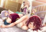  4girls :d ^_^ alt_(ctrldel) atelier_(series) atelier_lydie_&amp;_suelle atelier_sophie bare_shoulders bed bed_sheet blue_thighhighs blush breasts cleavage closed_eyes commentary_request grey_hair highres indoors large_breasts looking_at_another lydie_marlen lying multiple_girls neck_ribbon on_bed on_stomach pillow pink_hair pink_ribbon plachta red_eyes red_hair red_skirt ribbon short_hair skirt smile sophie_neuenmuller suelle_marlen thighhighs thighs wavy_mouth 