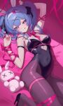  1girl absurdres blue_eyes blue_hair dkxlek hatsune_miku highres lying playboy_bunny rabbit_hole_(vocaloid) ribbon shoes solo stuffed_toy two_side_up 
