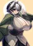  1girl black_hair blush breasts cleavage clenched_hand cosplay highres huge_breasts looking_to_the_side made_in_abyss mikiji naruto_(series) ozen sash solo tsunade_(naruto) tsunade_(naruto)_(cosplay) white_hair wide_sleeves 