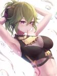  1girl absurdres armpits bare_arms black_nails breasts breasts_apart crop_top genshin_impact green_hair highres kuki_shinobu long_hair medium_breasts mouth_hold nail_polish navel no_mask pemojoke ponytail red_eyes solo tying_hair upper_body white_background 