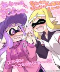  2girls @_@ baseball_cap blush closed_eyes drooling eromame fang flustered hat holding_hands hood hoodie inkling inkling_girl inkling_player_character jacket multiple_girls open_mouth splatoon_(series) sweat tentacle_hair yuri 