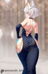  1girl animal_ears ass ass_focus backless_dress backless_outfit bare_back breasts cat_ears chain dress evening_gown facial_mark gold_chain grey_hair highres hip_vent huge_ass meme meme_attire modakawa_dress nia_(xenoblade) small_breasts smile solo tight_clothes tight_dress xenoblade_chronicles_(series) xenoblade_chronicles_3 yellow_eyes z-ki 