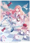  absurdres alice_in_wonderland argyle argyle_legwear bishop_(chess) blonde_hair blue_eyes checkered checkered_floor chess_piece clock detached_sleeves dress floating_hair fukahire_(ruinon) hairband highres king_(chess) knight_(chess) last_chronicle lolita_fashion lolita_hairband long_hair looking_at_viewer open_mouth rook_(chess) sleeveless sleeveless_dress solo thighhighs very_long_hair 