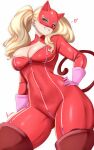  1girl anisdrawn blonde_hair blue_eyes bodysuit breasts cat_mask cleavage commentary cowboy_shot earrings gloves grin highres jewelry large_breasts long_hair looking_at_viewer mask persona persona_5 pink_gloves simple_background smile solo standing takamaki_anne thick_thighs thighs twintails white_background 