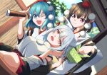  amanoyayuki animal_ears black_hair blue_eyes blue_hair chest_sarashi cirno detached_sleeves dutch_angle gift hat highres holding holding_gift holding_telescope inubashiri_momiji kourindou_tengu_costume looking_through_scope one_eye_closed open_mouth paw_print pointy_ears pom_pom_(clothes) red_eyes sarashi shameimaru_aya short_hair smile telescope tokin_hat touhou white_hair wide_sleeves wolf_ears 