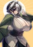  1girl black_hair breasts cleavage clenched_hand cosplay highres huge_breasts looking_at_viewer made_in_abyss mikiji naruto_(series) ozen sash smile solo sparkle tsunade_(naruto) tsunade_(naruto)_(cosplay) white_hair wide_sleeves 