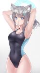  1girl animal_ear_fluff animal_ears arms_behind_head black_one-piece_swimsuit blue_archive blue_eyes breasts cameltoe competition_swimsuit covered_navel cowboy_shot cross_hair_ornament extra_ears gradient_background grey_hair hair_ornament halo hazuki_(nyorosuke) highres looking_at_viewer low_ponytail medium_breasts medium_hair mismatched_pupils multicolored_clothes multicolored_swimsuit official_alternate_costume one-piece_swimsuit shiroko_(blue_archive) shiroko_(swimsuit)_(blue_archive) solo swimsuit white_background wolf_ears 