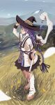  absurdres blue_hair boots braid dress hand_on_headwear hat highres holding holding_staff iwashi_neko long_braid long_hair mage_staff mountain mushoku_tensei outdoors profile roxy_migurdia snowing staff standing thigh_boots twin_braids very_long_hair white_dress white_footwear witch_hat 