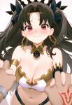  1girl 95--- absurdres alternate_breast_size armlet bikini black_hair black_sleeves blush breasts cleavage closed_mouth command_spell commentary detached_sleeves earrings embarrassed english_commentary fate/grand_order fate_(series) highres holding_hands hoop_earrings ishtar_(fate) jewelry large_breasts long_hair looking_at_viewer mismatched_bikini navel pov pov_hands red_eyes single_detached_sleeve swimsuit tiara two_side_up 
