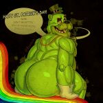 1:1 absurd_res animatronic anthro bear big_butt bubble_butt butt clothing clover_(plant) english_text five_nights_at_freddy&#039;s four_leaf_clover freddy_(fnaf) gloves gold_(metal) gold_tooth green_body green_clothing green_hat green_headwear handwear hat headgear headwear hi_res holidays huge_butt jewelry koenics looking_at_viewer looking_back looking_back_at_viewer machine male mammal mostly_nude musclegut muscular necklace plant presenting presenting_hindquarters rainbow rear_view robot scottgames shamrock shamrock_freddy_(fnaf) sitting solo st._patrick&#039;s_day talking_to_viewer text top_hat