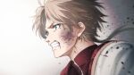  1boy blonde_hair blood blood_on_face blood_splatter bruise bruise_on_face clenched_teeth green_eyes highres injury junu_(jwoo5627) male_focus mole mole_under_eye mushoku_tensei ponytail portrait profile rudeus_greyrat solo teeth 