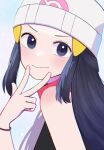  1girl beanie black_hair black_shirt blush bracelet closed_mouth commentary_request dawn_(pokemon) eyelashes from_side grey_eyes hair_ornament hairclip hand_up hat highres jewelry kana_(kanna_runa0620) long_hair looking_at_viewer looking_to_the_side pink_scarf pokemon pokemon_dppt scarf shirt sidelocks sleeveless sleeveless_shirt smile solo upper_body w white_hat 