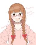  1girl :d alternate_hairstyle artist_name blunt_bangs blush bow braid highres hood hood_down hoodie idolmaster idolmaster_cinderella_girls ikebukuro_akiha looking_at_viewer pink-framed_eyewear pink_hoodie red_bow semi-rimless_eyewear sketch smile solo tenyako_(mirasato24) twin_braids white_background 