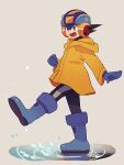  1boy 3suisousui absurdres blue_bodysuit blue_footwear blue_helmet bodysuit boots brown_hair coat full_body green_eyes highres mega_man_(series) mega_man_battle_network_(series) megaman.exe raincoat simple_background solo spiked_hair standing standing_on_liquid yellow_coat 