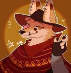 absurd_res anthro black_nose brown_body brown_fur canid canine canine_ears claws clothing cowboy_hat digital_media_(artwork) fennec_fox fox fur gale_(galefoxy) hat headgear headwear hi_res hybrid inner_ear_fluff looking_at_viewer male mammal moujiiz pawpads poncho red_fox simple_background solo teeth true_fox tuft whiskers white_body white_fur yellow_body yellow_eyes yellow_fur