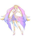  1girl ;d blonde_hair blue_hair crown dress full_body gold_trim gradient_hair hand_up high_heels himeme_(waccha_primagi!) long_hair looking_at_viewer multicolored_hair official_art one_eye_closed open_mouth outstretched_arms pink_eyes pink_hair pretty_series purple_dress purple_footwear second-party_source simple_background smile solo spread_arms standing twintails very_long_hair waccha_primagi! waccha_primagi!_studio 