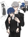  1boy 1girl black_pants black_shirt blue_hair blue_hat cat glasses grey_eyes grey_hair gun handgun hat highres long_sleeves longcat_(meme) meme narukami_yuu onku_(oooooooooniku) pants persona persona_4 shirogane_naoto shirt weapon white_shirt 