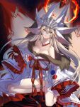  1girl absurdres animal_ears blonde_hair breasts cleavage extra_ears fate/grand_order fate_(series) fingernails fire fox_ears fox_tail highres japanese_clothes jiajiayu kimono kneeling koyanskaya_(fate) koyanskaya_(lostbelt_beast:iv)_(fate) large_breasts long_hair multiple_tails ofuda sharp_fingernails tail tamamo_(fate) white_kimono yellow_eyes 