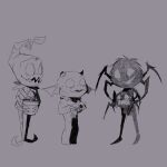 ambiguous_gender anthro arachnid arthropod black_body black_fur broken_horn don&#039;t_starve elemental_creature elemental_humanoid female flora_fauna frill_(anatomy) fur group hi_res horn humanoid klei_entertainment male merm monochrome neck_frill plant plant_humanoid plantigrade spider trio webber white_eyes wormwood wurt