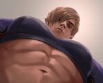  1boy abs absurdres bara brown_hair cheekbones crop_top foreshortening from_below hair_over_one_eye highres hukumkart large_pectorals leon_s._kennedy looking_at_viewer looking_down male_focus meme muscular muscular_male navel pectoral_focus pectorals photo-referenced resident_evil short_hair solo thick_eyebrows upper_body yur_oc_like_this_(meme) 