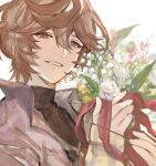  1boy ahoge bouquet brown_hair commentary_request flower granblue_fantasy hair_between_eyes holding holding_bouquet looking_at_viewer male_focus messy_hair official_alternate_costume plaid_sleeves popped_collar red_eyes rose sandalphon_(granblue_fantasy) shirt short_hair smile solo_focus tki turtleneck white_flower white_rose white_shirt 