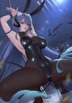  ? anchor_ornament animal_ears arm_strap armpits arms_up azur_lane black_footwear black_leotard blue_hair bodystocking covered_navel covered_nipples fake_animal_ears full_body high_heels highres impossible_clothes impossible_leotard leotard long_hair looking_at_viewer new_jersey_(azur_lane) new_jersey_(exhilarating_steps!)_(azur_lane) nightclub official_alternate_costume playboy_bunny pole pole_dancing purple_eyes rabbit_ears sade_abyss skin_tight spread_legs squatting stage_lights stiletto_heels stripper_pole 