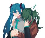  2girls aqua_nails aqua_necktie aqua_trim arm_at_side bare_shoulders black_nails black_sleeves blue_eyes blue_hair brown_shirt closed_mouth collared_shirt detached_sleeves dual_persona ear_piercing green_hair grey_shirt hair_between_eyes hatsune_miku highres hug hug_from_behind long_hair long_sleeves looking_at_another medium_hair multiple_girls nail_polish necktie piercing red_pupils shirt sleeveless sleeveless_shirt smile suna_no_wakusei_(vocaloid) twintails upper_body vocaloid white_background ximuye zzz 