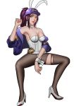  1girl akali animal_ears breasts bunny_ears bunnysuit hat high_heels highres jacket k/da_(league_of_legends) k/da_akali league_of_legends lipstick makeup purple_hair thighhighs 