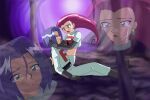  1boy 1girl blue_hair commentary crying english_commentary gloves highres injury james_(pokemon) jessie_(pokemon) looking_at_another on_floor pokemon pokemon_(anime) shaami sitting streaming_tears team_rocket team_rocket_uniform tears worried 