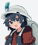  1girl backpack bag black_gloves black_hair blue_eyes blush bucket_hat gloves grey_bag hair_between_eyes hanniya hat hat_feather highres kaban_(kemono_friends) kemono_friends open_mouth red_shirt shirt short_hair short_sleeves sidelocks smile solo t-shirt upper_body 