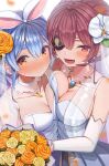  2girls :d absurdres blue_hair blush bouquet breast_press breasts cleavage collarbone commentary_request detached_sleeves dress eyepatch flower hair_flower hair_ornament hairband highres hololive houshou_marine jewelry kokutamotsu large_breasts looking_at_viewer medium_breasts multiple_girls necklace open_mouth orange_eyes orange_flower orange_rose rabbit-shaped_pupils red_eyes rose smile symbol-shaped_pupils usada_pekora virtual_youtuber wedding_dress white_dress white_hairband white_sleeves yellow_flower yellow_rose 