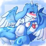 1:1 anthro blue_body blue_fur blue_hair blue_tail blue_wings blush bodily_fluids breast_grab breasts claws dragon eyebrows feathered_wings feathers feet female fur furred_dragon genital_fluids genitals habol hair hand_on_breast hi_res horn hybrid lagomorph leporid long_ears looking_at_viewer mammal markings multicolored_body multicolored_fur mythological_creature mythological_scalie mythology navel neck_tuft nipples pawpads purple_eyes pussy rabbit saliva scalie sky small_breasts smile solo spread_wings stickdora tail tongue tongue_out tuft vaginal_fluids white_body white_feet white_fur white_hands white_wings wings