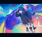  2girls abstract_background back-to-back blue_hair expressionless fish full_body highres hood hoodie jacket kaf_(kamitsubaki_studio) kamitsubaki_studio laplace_(kamitsubaki_studio) letterboxed looking_afar multicolored_eyes multicolored_hair multiple_girls pink_hair red_hair rim_(kamitsubaki_studio) shoes shu_que_zhi_wu_yuan skirt sneakers two-tone_hair virtual_youtuber yellow_pupils 