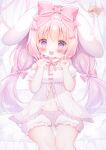  1girl :d animal_ears artist_name bow child cowboy_shot hair_bow hanasaki_chiyu hanasakichu highres indie_virtual_youtuber navel open_mouth pink_bow pink_eyes pink_hair rabbit_ears rabbit_girl sitting smile thighs variant_set virtual_youtuber 