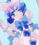  1boy arm_ribbon blue_background blue_bow blue_eyes blue_hair blue_ribbon bokura_wa_mahou_shounen bow gloves hair_bow kaibara_makoto looking_at_viewer pink_hair ribbon sanani_(kmj) short_hair sketch solo thick_eyebrows thighhighs white_gloves white_thighhighs 