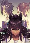  3girls air_shakur_(umamusume) animal_ears bow bowtie closed_mouth clover_hair_ornament dark-skinned_female dark_skin earrings expressionless eyebrow_piercing fine_motion_(umamusume) frown green_eyes hair_bun hair_ornament hi_(ibisf5umauma) highres horse_ears jewelry long_hair multiple_girls multiple_views own_hands_together piercing ponytail purple_shirt sailor_collar school_uniform shirt short_hair single_earring solo_focus symboli_kris_s_(umamusume) tracen_school_uniform twitter_username umamusume upper_body yellow_eyes 