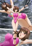  1girl absurdres ass barefoot breasts brown_eyes brown_hair chain cleavage cloud cloudy_sky commission competition_swimsuit cowboy_shot cuffs frills full_body grey_sky highres large_breasts mazaki_anzu multiple_views nao_takami one-piece_swimsuit open_mouth panties pink_one-piece_swimsuit shackles short_hair skeb_commission sky swimsuit two-tone_swimsuit underwear upper_body yu-gi-oh! yu-gi-oh!_duel_monsters 