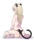  1girl absurdres back black_panties black_tail blonde_hair breasts cat_tail closed_mouth emu_1316 from_behind full_body green_eyes heinrike_prinzessin_zu_sayn-wittgenstein highres medium_breasts medium_hair noble_witches panties simple_background sitting solo tail underwear wariza white_background world_witches_series 