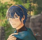  1boy artist_name blue_eyes blue_hair blurry blurry_background closed_mouth commentary crown english_commentary fire_emblem fire_emblem:_mystery_of_the_emblem hair_between_eyes male_focus marth_(fire_emblem) outdoors short_hair smile solo twitter_username upper_body zoedapoey 