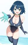  1girl black_gloves black_one-piece_swimsuit black_thighhighs blue_hair borrowed_character breasts cleavage commission competition_swimsuit elbow_gloves fukami_nana gloves green_eyes hair_flaps highres large_breasts leaning_forward looking_at_viewer one-piece_swimsuit original short_hair skeb_commission smile solo surippa1010 swimsuit thighhighs two-tone_swimsuit 